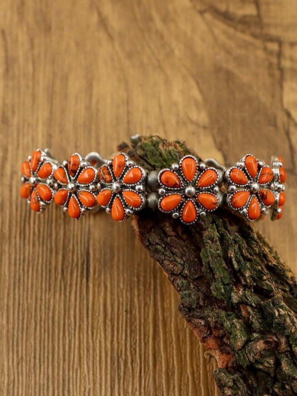 Orange Floral Teardrop faux turquoise Stone stretchy Bracelet